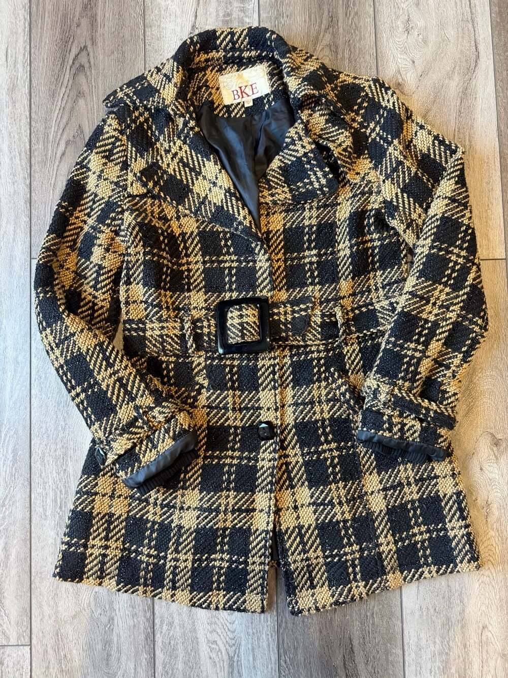BKE Women's Plaid Tweed Belted Coat Black and Brown Size M